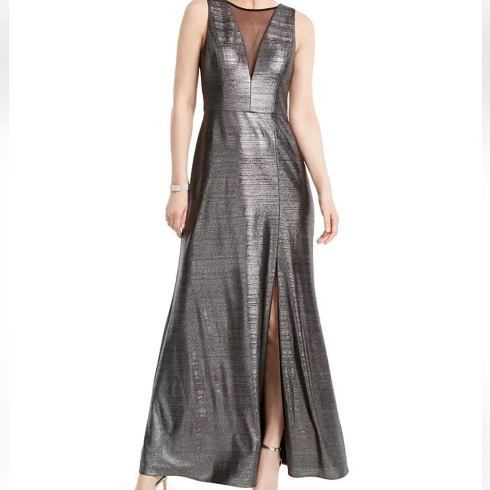 Nightway Metallic Illusion Mesh Gown gray Size 6